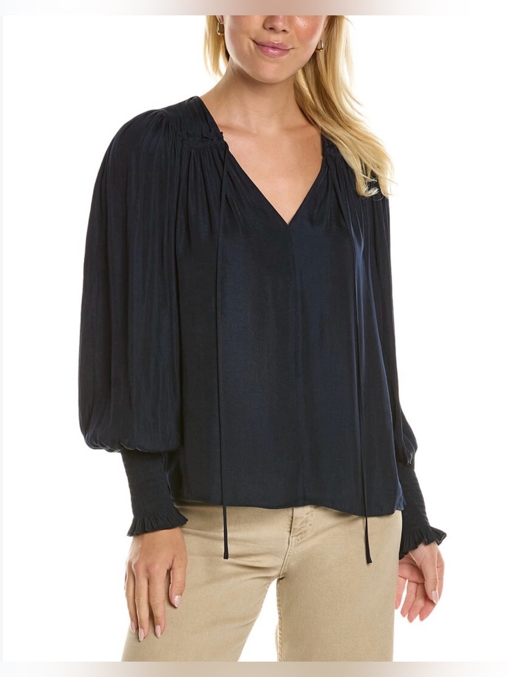 REBECCA TAYLOR SATEEN TIE NECK LONG SLEEVE NAVY BLUE TOP SIZE XS